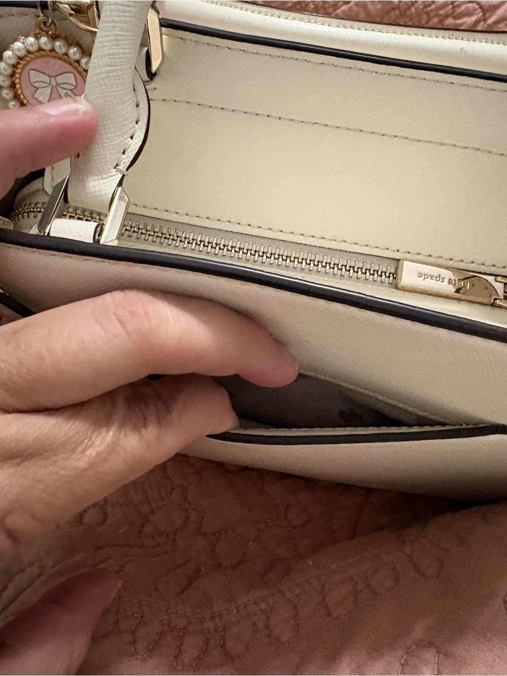 kate spade Cream Leather Top-Handle Satchel with Pearl Charm - Picture 5 of 10